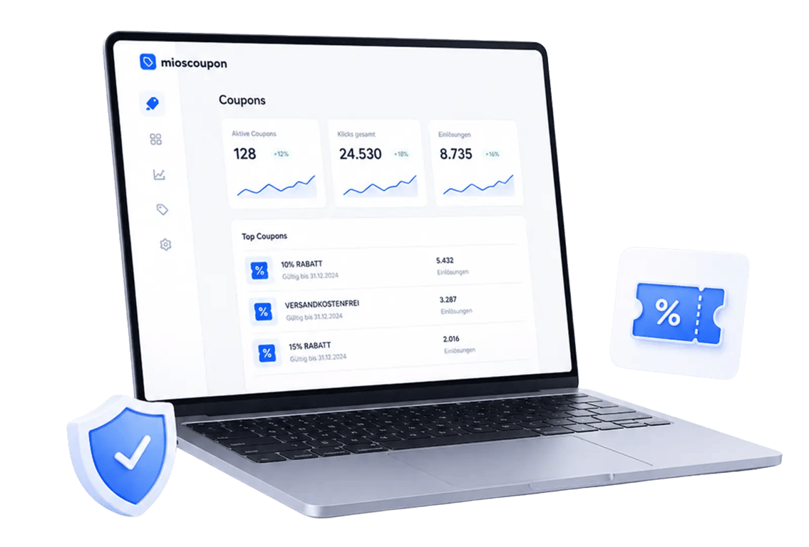 Laptop mit Mioscoupon-Oberfläche – Platzhalter für Dashboard und Verwaltung